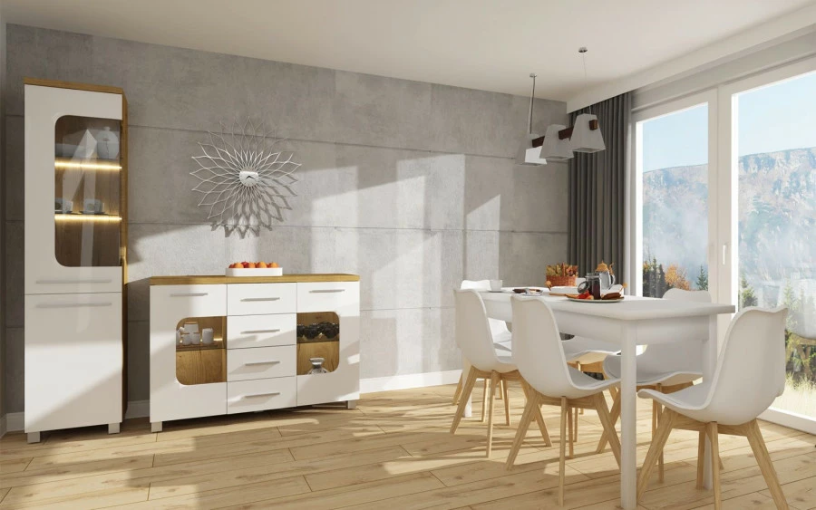 Witryna lewa z półkami LED (biały połysk/dąb Soma ciemny)