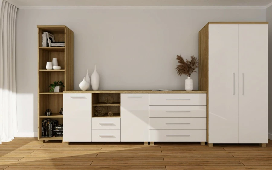 Komoda 4-szufladowa Panama (biały połysk/dąb Soma ciemny)