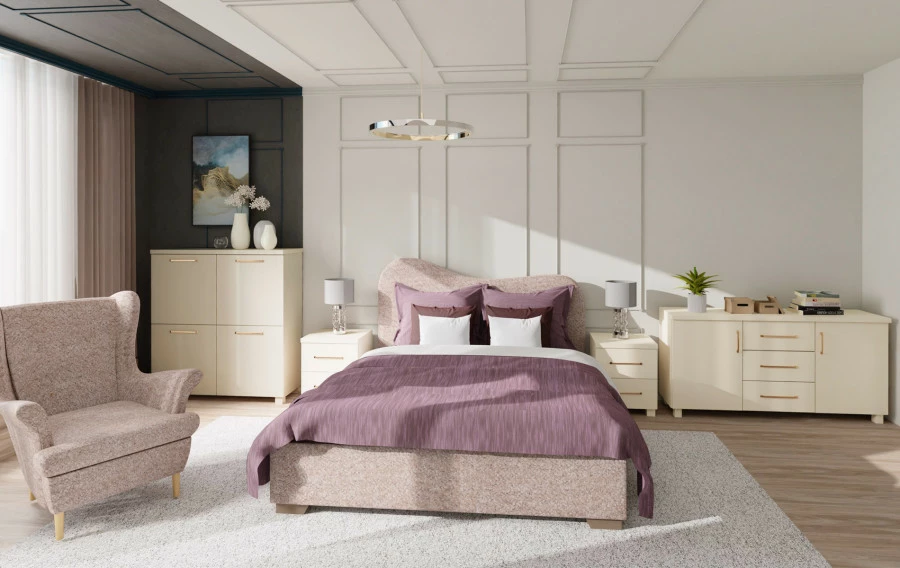 Łóżko tapicerowane 160 Cloudi (boucle cappuccino) ze stelażem i pojemnikiem