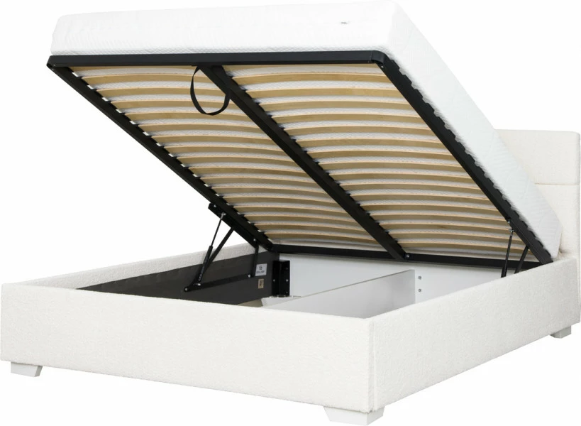 Łóżko tapicerowane 160 Sawona (boucle kremowy) ze stelażem i pojemnikiem 