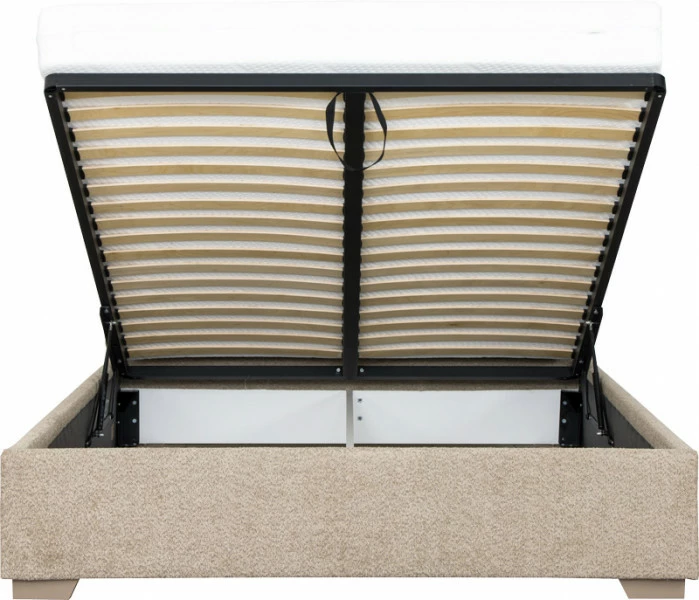 Łóżko tapicerowane 160 Sawona (boucle cappuccino) ze stelażem i pojemnikiem