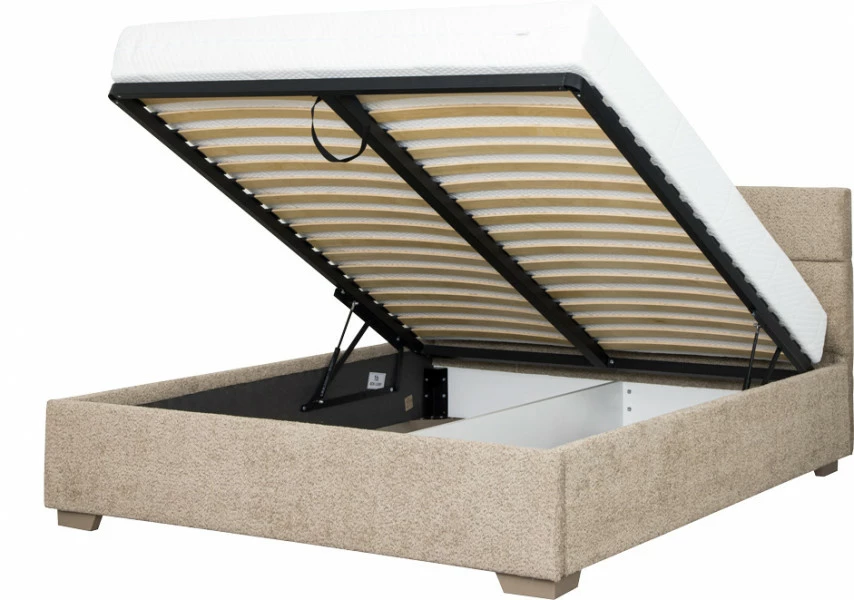 Łóżko tapicerowane 160 Sawona (boucle cappuccino) ze stelażem i pojemnikiem