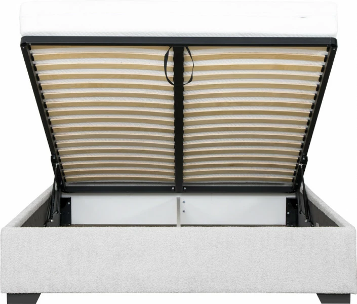 Łóżko tapicerowane 160 Sawona (boucle szary) ze stelażem i pojemnikiem 