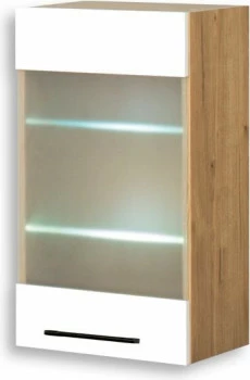 Szafka 40 górna witryna prawa matowa LED Bellona (biały połysk/dąb Soma ciemny)