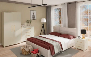 Sypialnia - łóżko Sawona (plusz beż) i kolekcja Bari (kaszmir) 