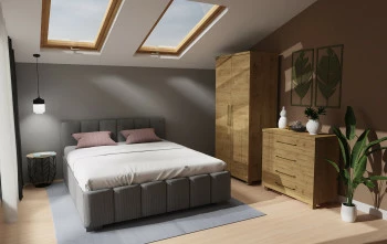 Sypialnia - łóżko Mindy (sztruks szary) i kolekcja Panama (dąb soma ciemny)