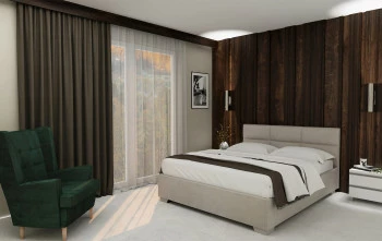 Sypialnia - łóżko Sawona (boucle szary) i fotel Werina (plusz zielony)