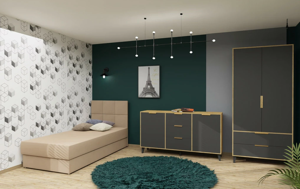 Pokój młodzieżowy - tapczan Rio (plusz brąz) i kolekcja Floryda (grafit/dąb soma ciemny)