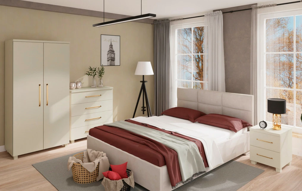 Sypialnia - łóżko Sawona (plusz beż) i kolekcja Bari (kaszmir) 