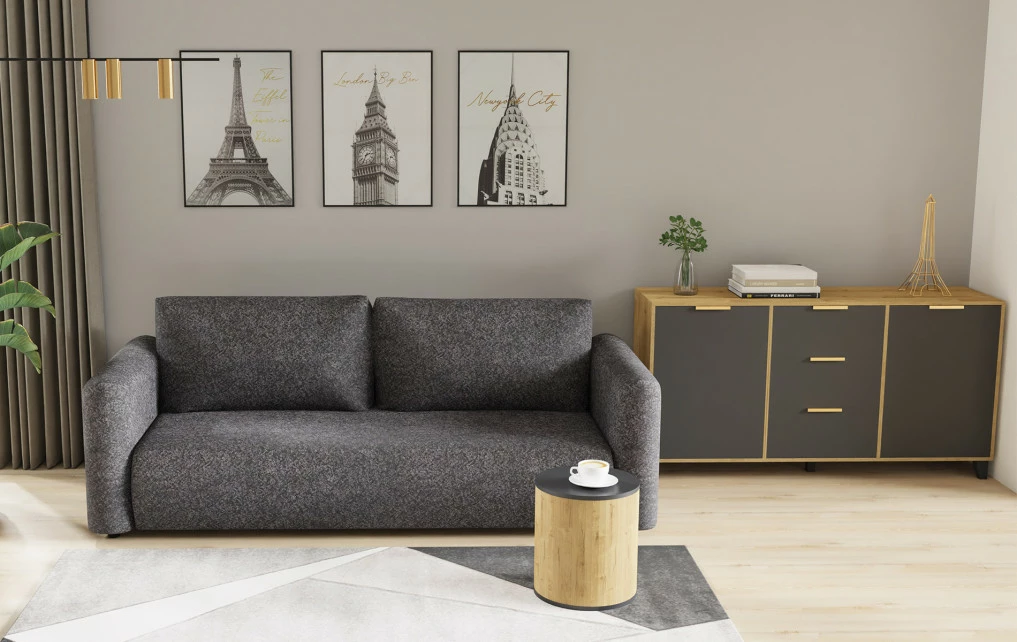 Salon - kanapa Softina (boucle grafit) i kolekcja Floryda (grafit/dąb soma ciemny) 