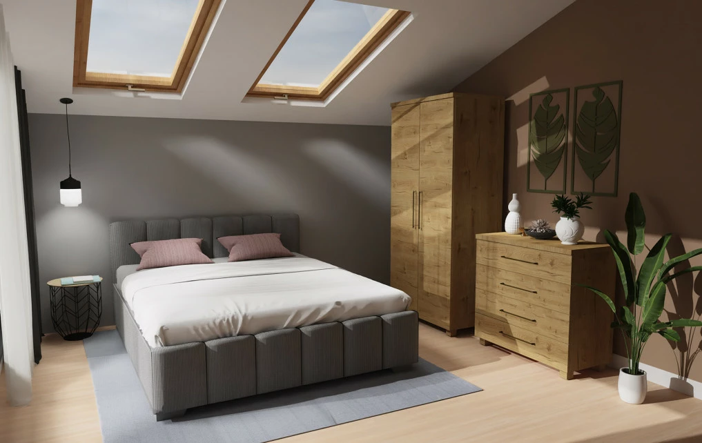 Sypialnia - łóżko Mindy (sztruks szary) i kolekcja Panama (dąb soma ciemny)