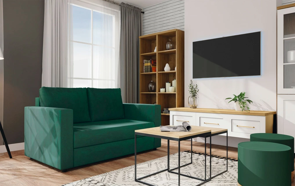 Salon - sofa 2 os. rozkł. Milano (plusz zielony) kolekcja Hawana (biały lakier mat/dąb soma ciemny) 