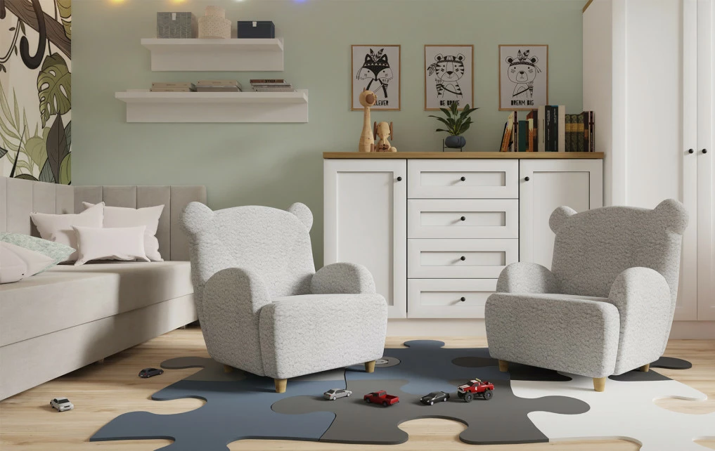 Pokój dziecięcy - fotelik Miś (boucle szary) i Kolekcja Toskania (biały/dąb soma ciemny)