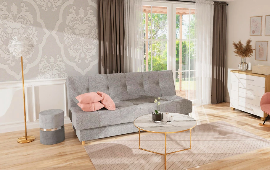 Salon - wersalka Kortina (naturis szary) i komoda Panama (biały połysk/dąb soma ciemny) 